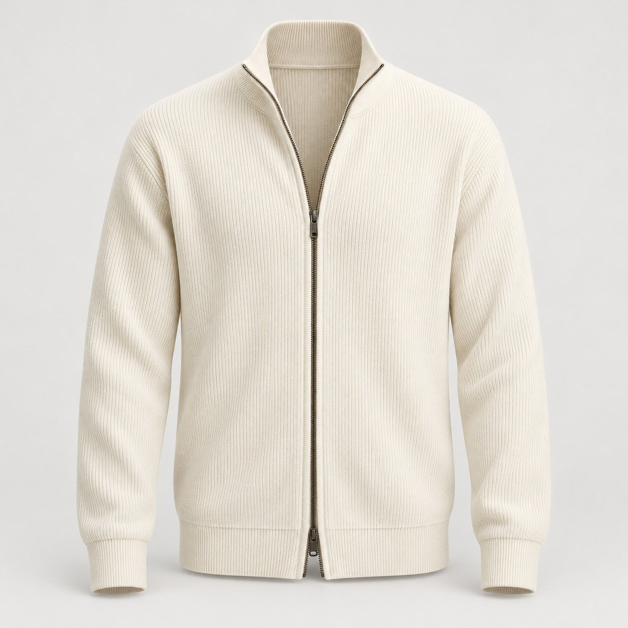 Stand-Collar Zip Knit Cardigan – Men – Cream – worn, front
